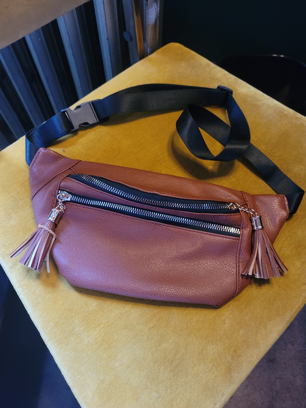 Faux Leather Tassel Waist Bag - Brown